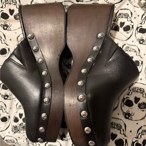 J. Crew Black Leather Mules with Silver Accents